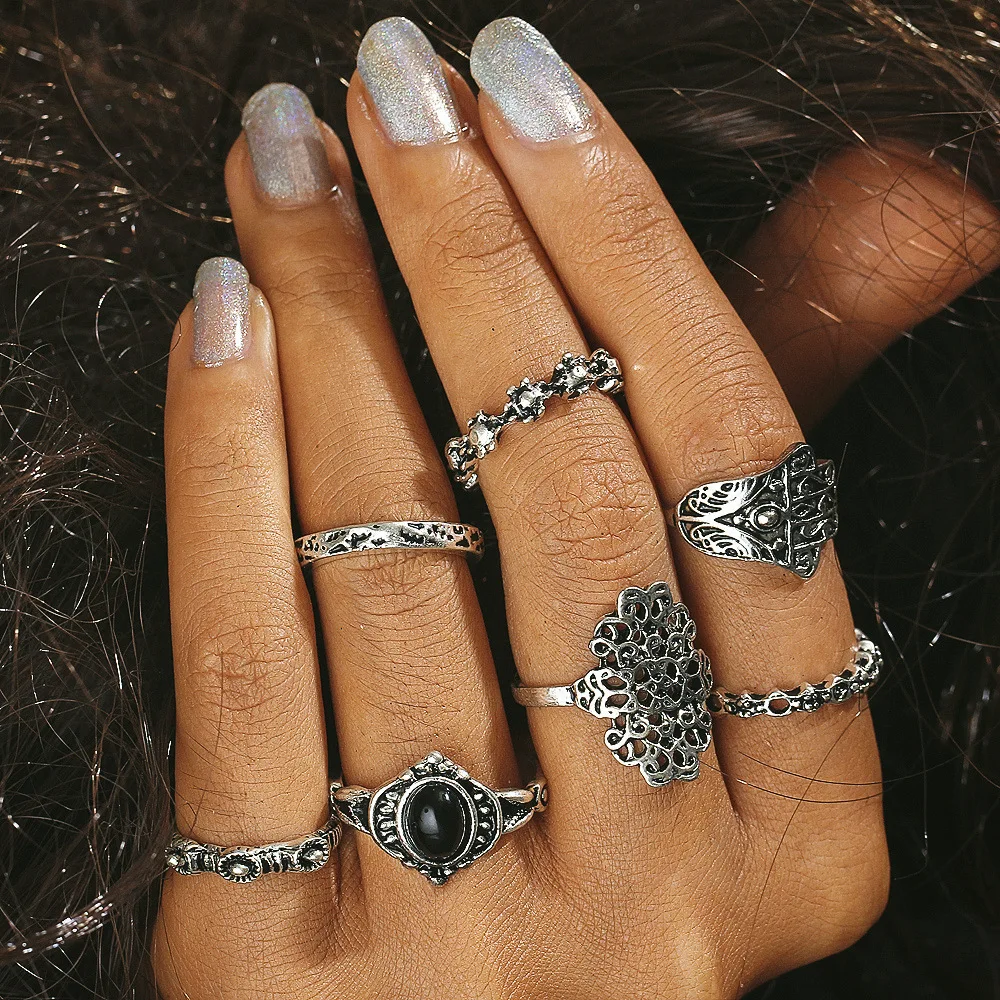 

7PCS/lot Fashion Punk Style Midi Finger Rings Set Black Stone Flower Knuckle Rings Charm Ring Set for Women Ladies Mujer Jewelry
