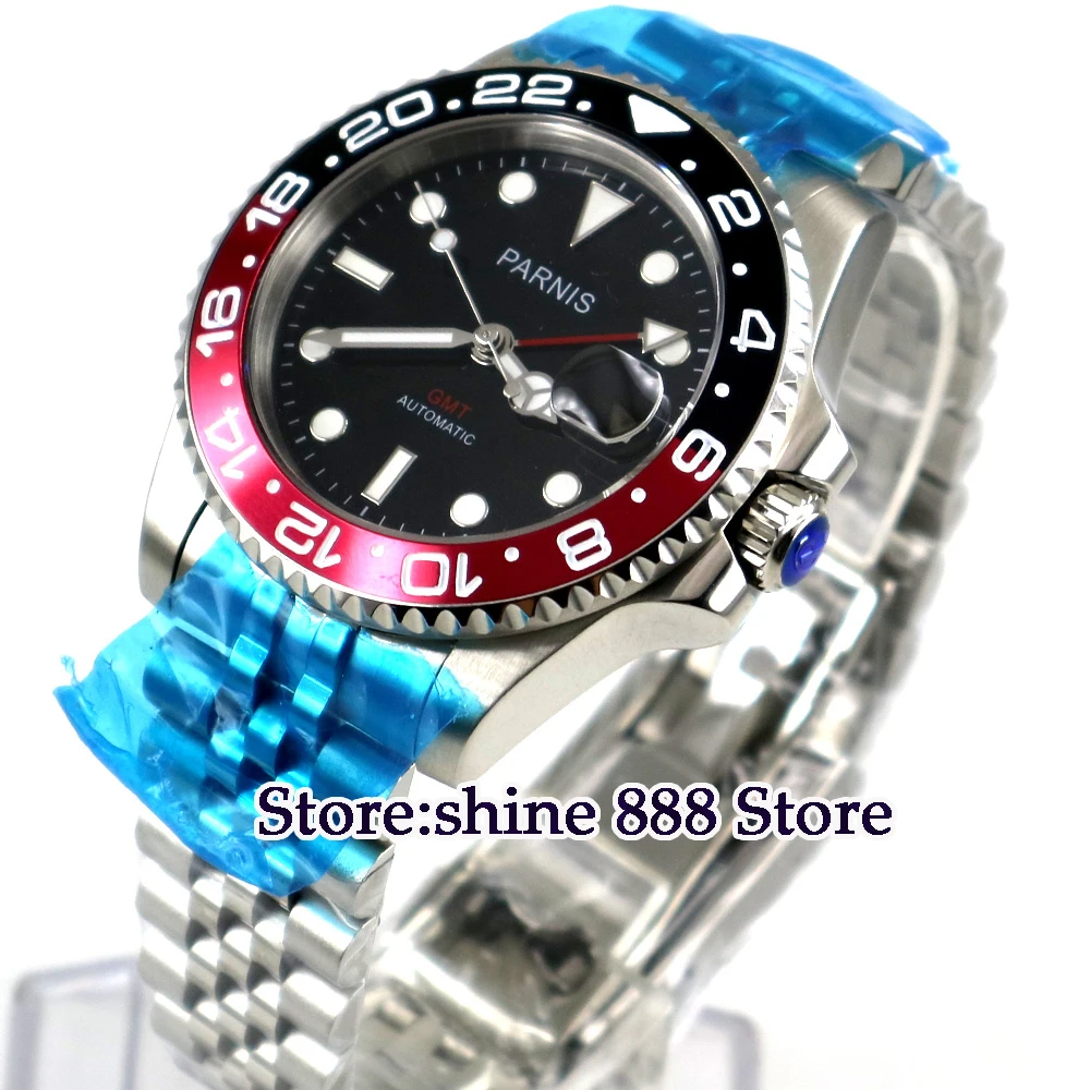 

40mm Parnis black dial black red bezel Sapphire glass GMT automatic mens watch