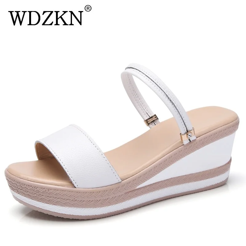 

WDZKN Fashion Women Sandals Summer Slippers Concise Open Toe Shoes Split Leather Slip On Wedge Platform Sandals Women High Heels