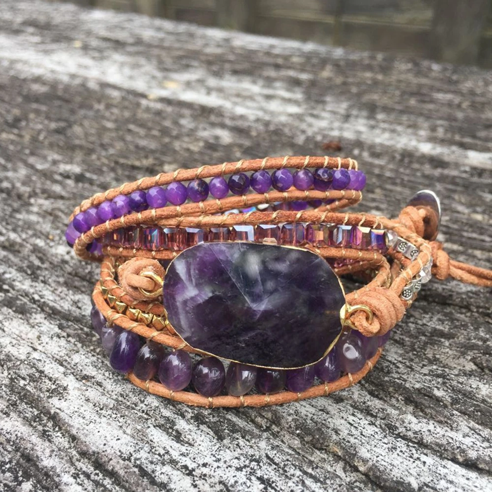 Skup Oryginalne ametysty skórzane 5 nici Wrap bransoletka kamień leczniczy bransoletki robione ręcznie z kamieniem naturalnym dla kobiet skórzana bransoletka z koralikami