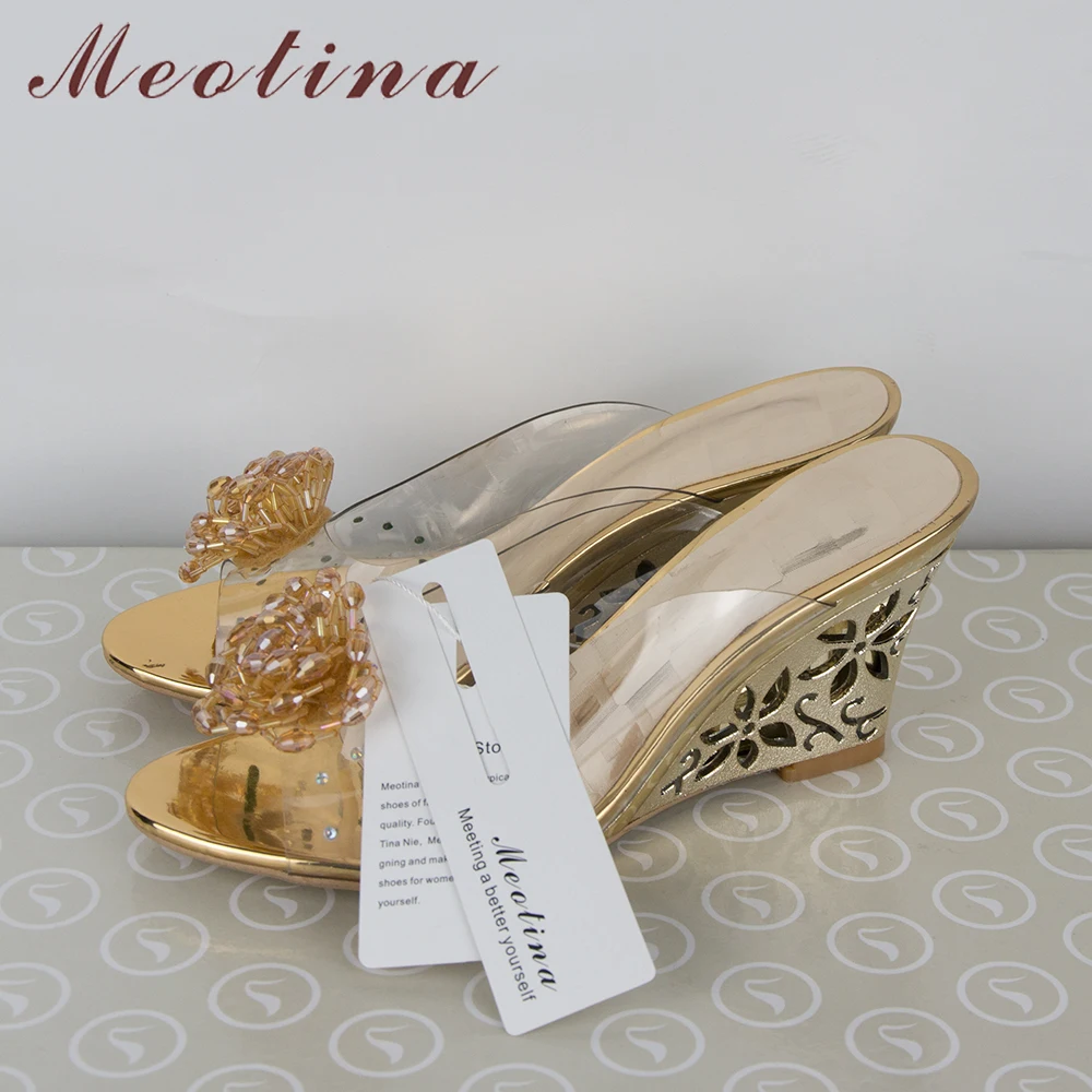 Meotina/Женская обувь; шлепанцы без задника; Летние босоножки; прозрачные шлепанцы с цветочным узором; босоножки на высоком каблуке; туфли без задника с бусинами; цвет золотистый; большой размер 43