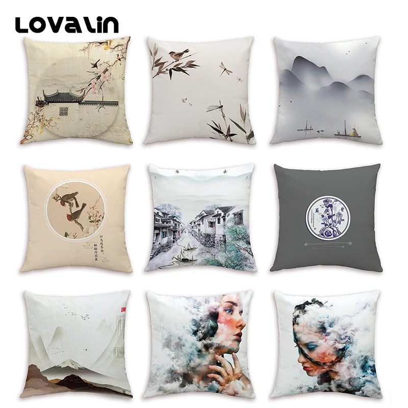 Lovalin Landscape Ink Painting Chinese Antiquity Style Super Goose Down Pillow Cover Living Room Chair Home Throw Cushion Case