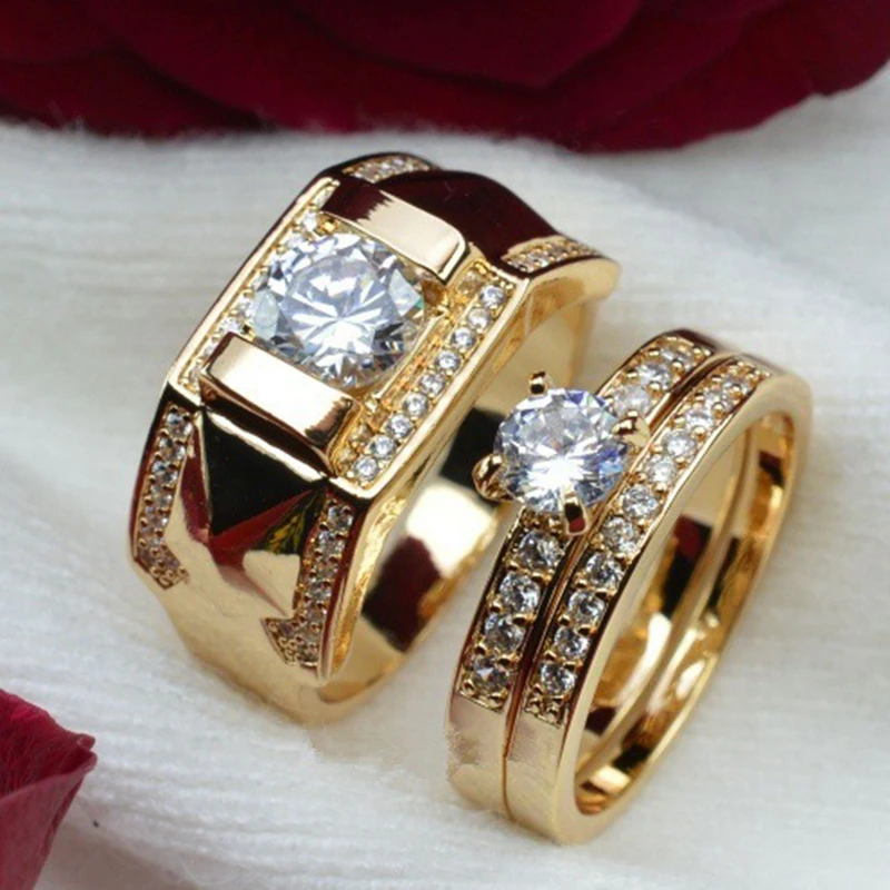 HOMOD 2019 CZ Zirconia Rings  Set Gold Color Couple Rings  