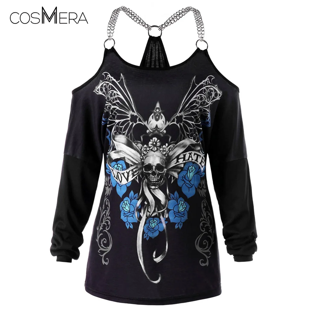 

CosMera Skull T-Shirt Women Chains Embellished Punk Casual Off Shoulder Top Ladies Tops Plus Size 5XL Gothic T Shirt Big Size