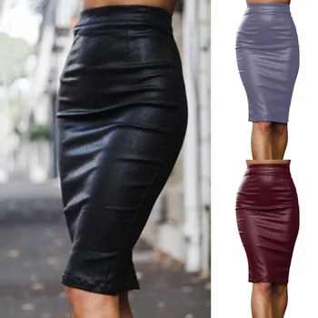 

Autumn winter high waist Women pu leather Skirts Knee-Length Office Pencil Skirt Bodycon sexy Party zip Split Jupe Faldas Mujer