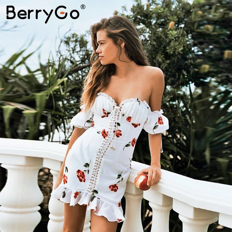 BerryGo/сексуальное женское белое платье с открытыми плечами и принтом элегантные