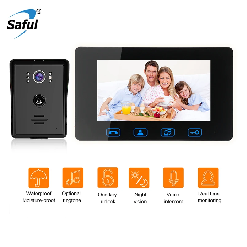 

Saful 7''Wired Video Door phone Waterproof door Intercom push Button Electric Function with Night Vision video doorbell system