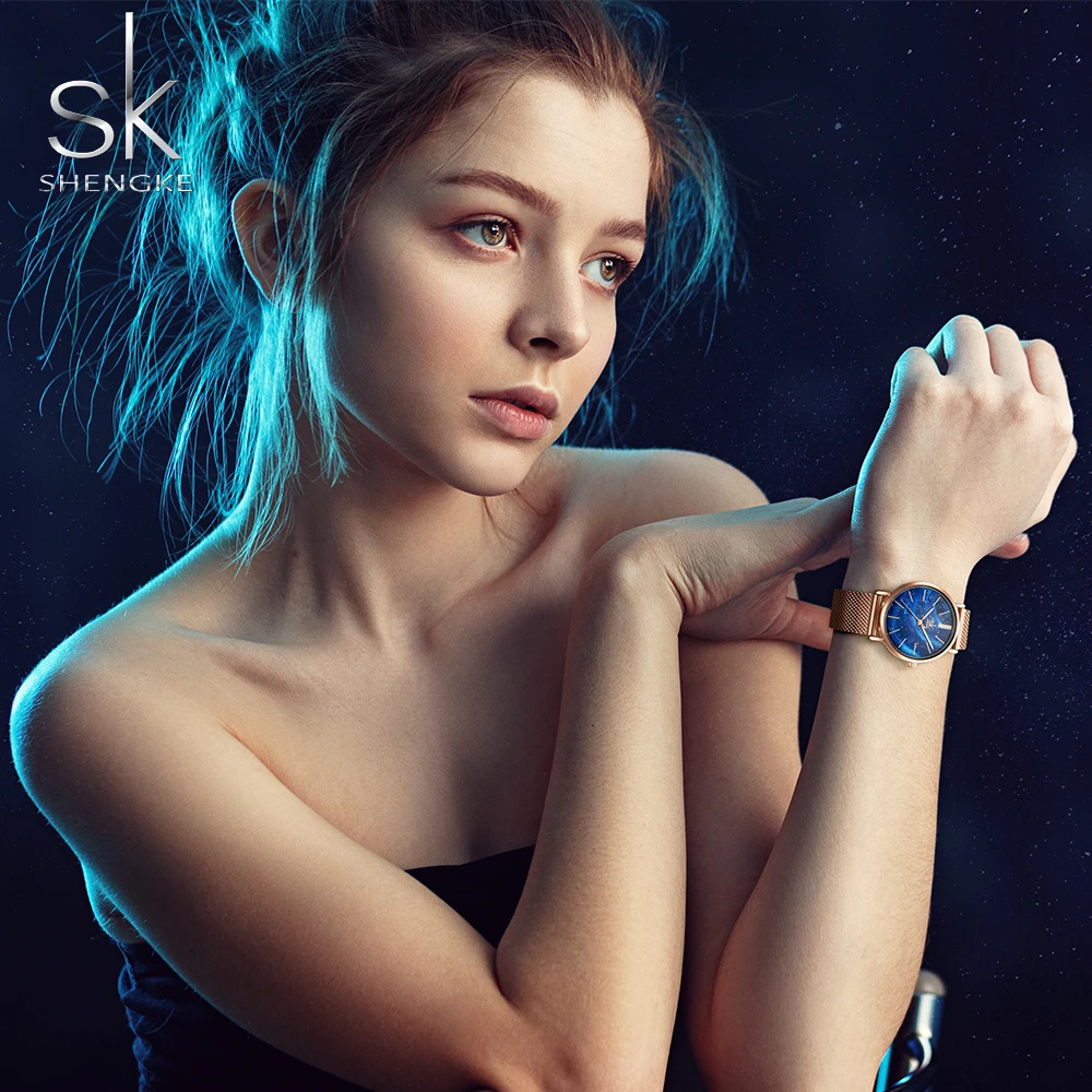 

Shengke Luxury Women Watches Romantic Starry Blue Dial Mesh Stainless Steel Strap Ultra-thin Case Quartz Wristwatch Reloj Mujer