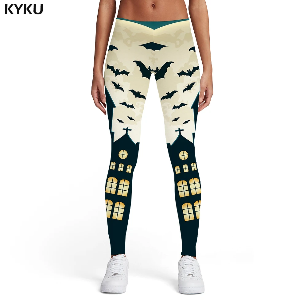KYKU Halloween Leggings Women Moon 3d Print Bat Trousers Black Printed
