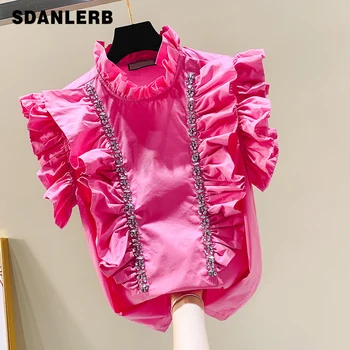 

Super Fashion Short Sleeve Shirt Woman Sweet Lotus Edge Beaded Shirts Girls Ladies Spring Summer New Korean Tops Basic Blouses