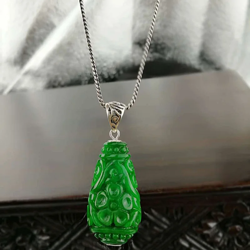 Настоящее Стерлинговое Серебро 925 зеленый нефрит кулон для женщин натуральный драгоценный камень цветок резьба Персонализированный Кулон Bisuteria