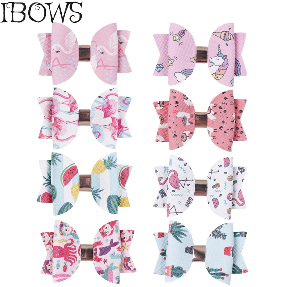 

2Pcs/Lot Cartoon Print Leather Hair Bows Flamingo Fruit Hair Clips For Kids Swallowtail Hair Barrette Handmade Hair Accessories
