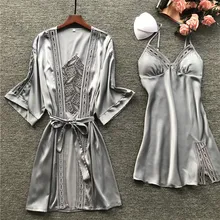 Лидер продаж 2 шт. длинный халат комплект атлас халат из искусственного шелка для Для женщин кимоно Ванна платье ночное белье невесты халаты для невесты