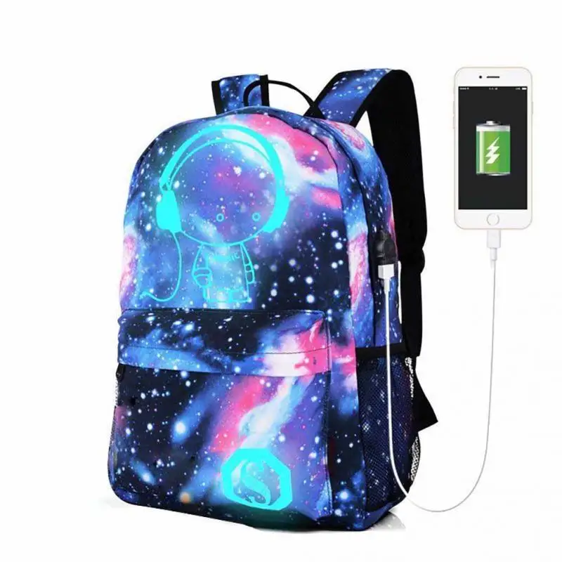 Popular Teen Girls Galaxy Noctilucent Canvas Backpack USB Charger Anti