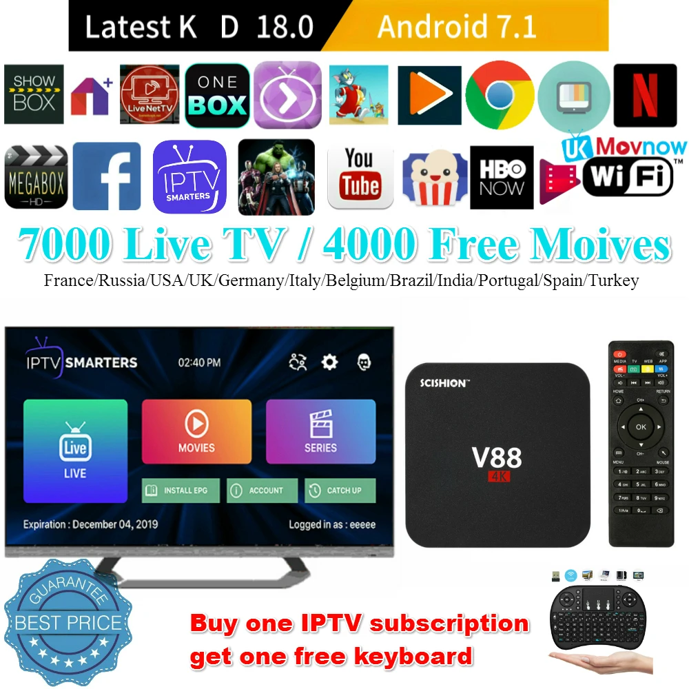 keyboard V88 Smart Android 8.1 TV Box 1080P 2GB//16GB WiFi RK3229 Quad Core