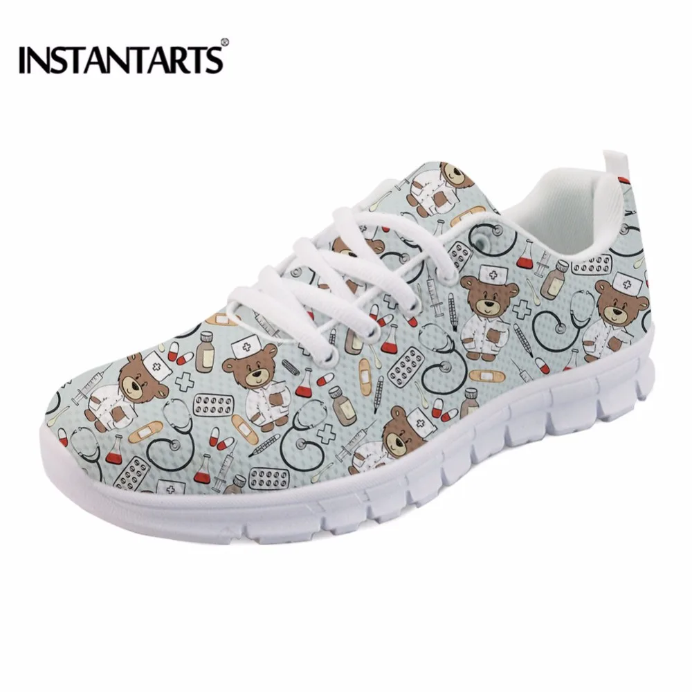 

INSTANTARTS Women Casual Shoes Youth Girl Lace Up Cartoon Sneakers Shoes Cute Nurse Bear Pattern Woman Breathable Flats Shoes