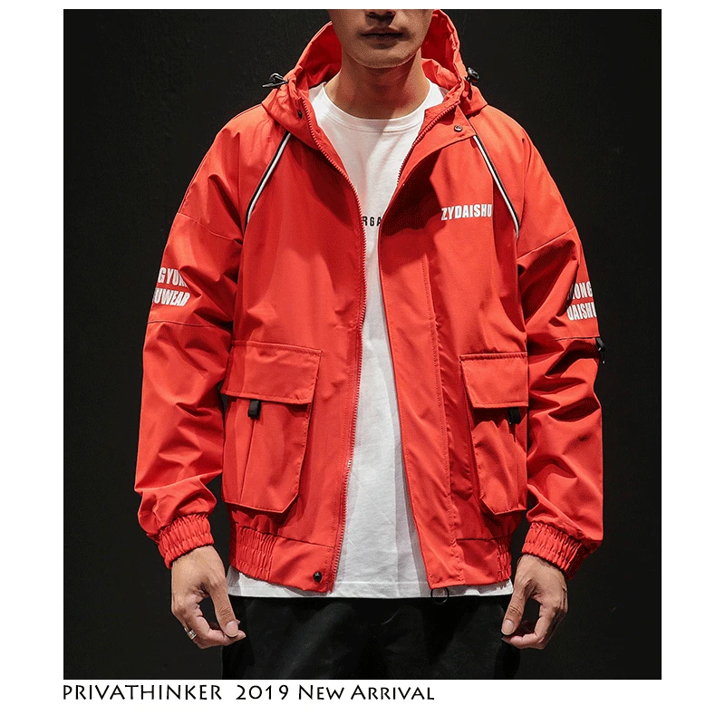 Privathinker Men Streetwear Bomber Jacket 2019 Mens Hip Hop Windbreaker Hooded Jacket Male Harajuku Fashions Red Jackets Coats