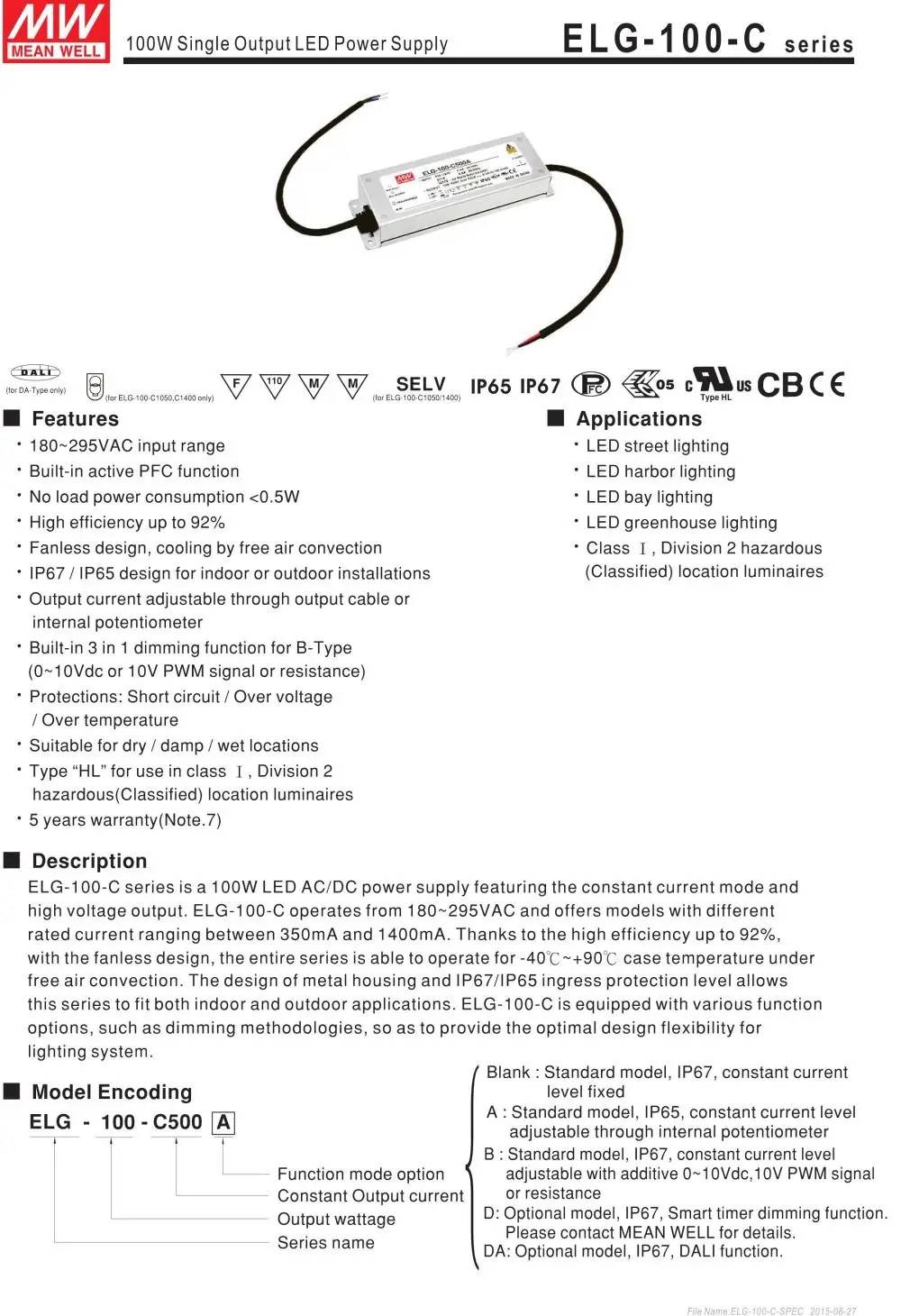 MEAN WELL ELG-150-C500B-3Y 500mA meanwell ELG-150 315 в 150 Вт одиночный выход индикатор питания драйвера типа B