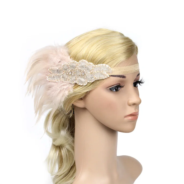 Винтажная повязка на голову с перьями, головной убор 1920 s, бежевый, черный бриллиант, повязка на голову для карнавала, вечерние украшения - Цвет: beige