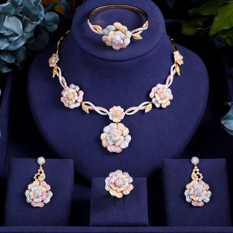 

Accking Fashion 4pcs luxury Flower Cubic Zircon for Women Wedding Party For Bridal Jewelry set necklace earring