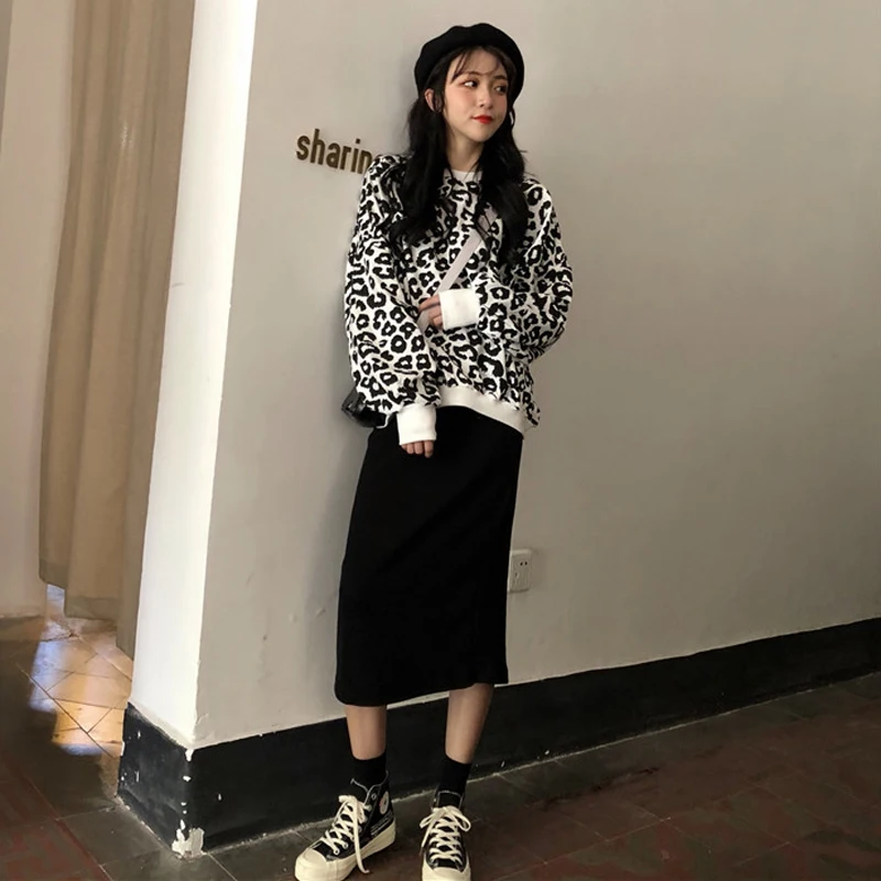 

For 40-60 kg Korean fashion Woman's sets casual autumn leopard sweater coat + high waist knit midi skirt 2 two-piece set women
