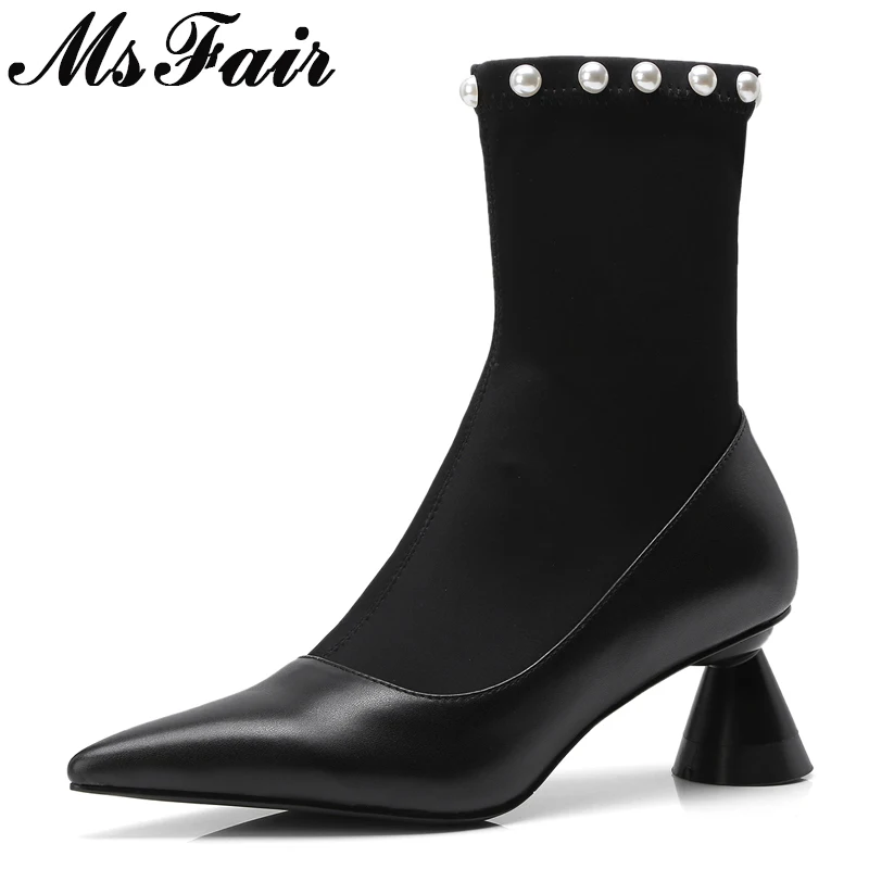 

MSFAIR Pointed Toe High Heel Women Ankle Boots Fashion Concise Square heel Ankle Boots Women Shoes Slip-On Pearl Boots Women