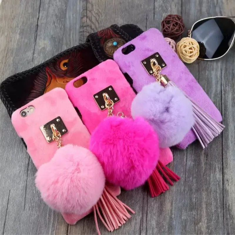 

Soft Warm Velvet Wrap + Rabbit Hair Balls Tassel Trim phone Cases for Apple Iphone 6 6s plus Housing Hard back Coverring