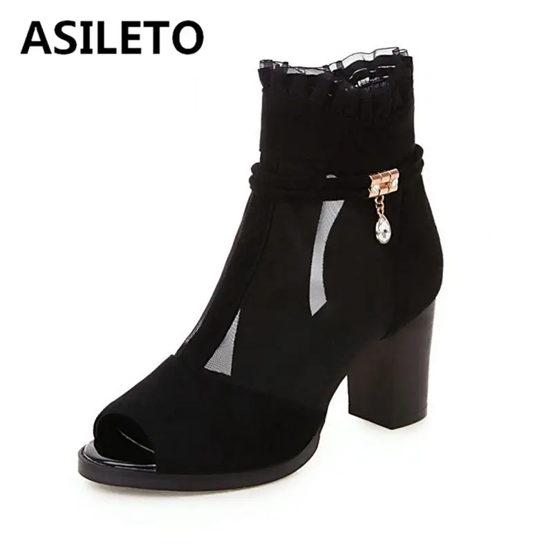 

ASILETO large size 44 45 Summer boots women zip block heels peep toe lace mesh sexy ankle booties breathable hollow cool shoes