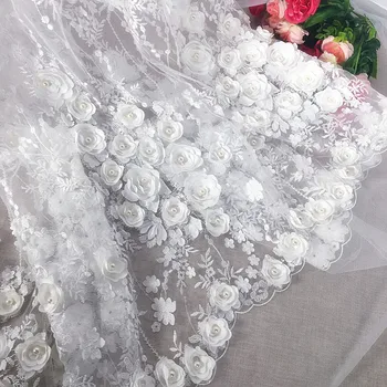 

European gorgeous beaded three-dimensional satin flower lace fabric sequins cloth embroidered cloth wedding dress fabric CA66