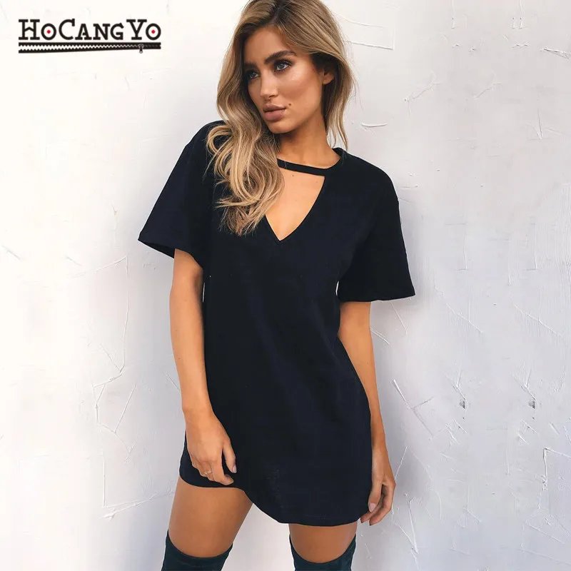HCYO Summer Dress Women Sexy Dresses Plus Size Deep V Neck Dress Shirt Fashion Short Sleeve Streetwear Mini Sundress Robe femme Dresses