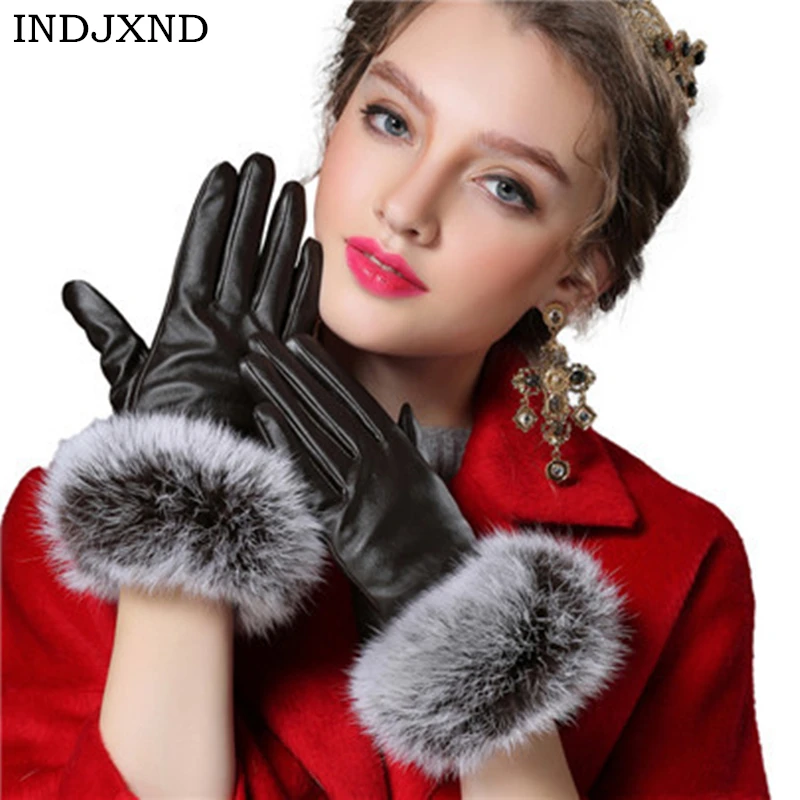 Autumn Gloves Women Genuine Rabbit Fur PU Leather Warm Gloves Black