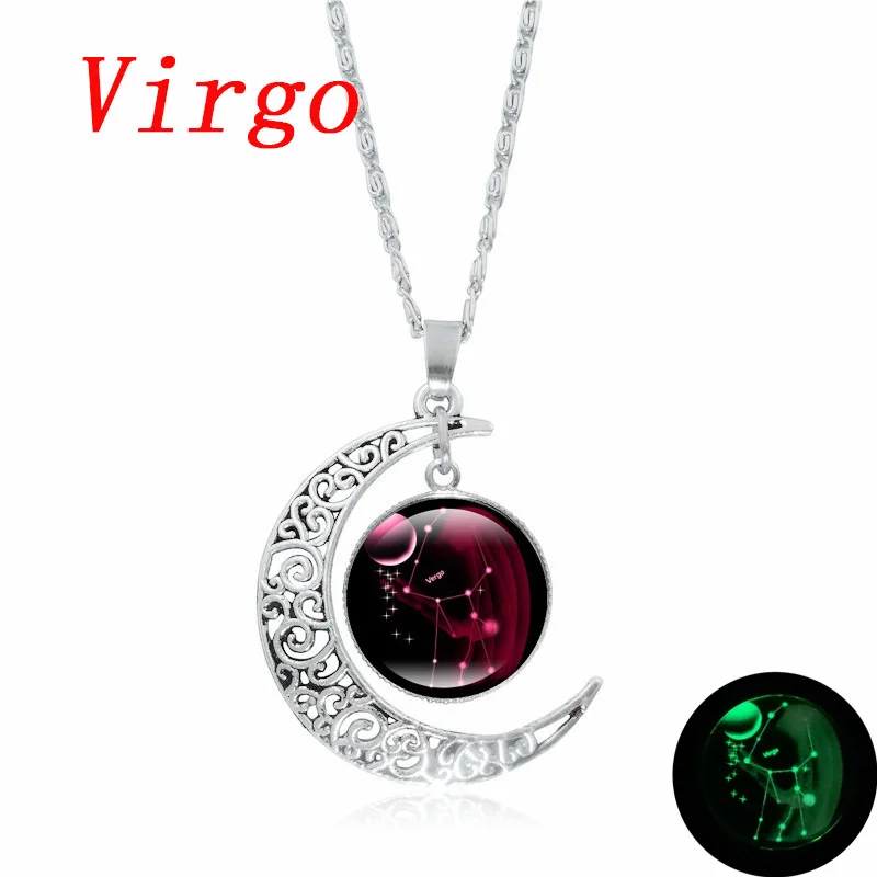 XUSHUI XJ 12 Созвездие стекло кабошон кулон ожерелье серебро полумесяц ювелирные изделия цепь ожерелье для женщин Девушка семья подарки - Окраска металла: virgo