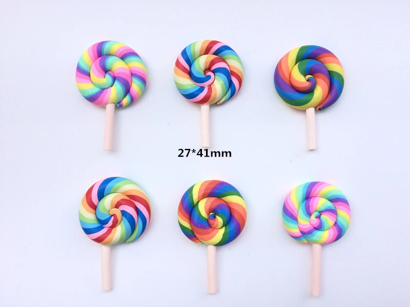 

High Quality Beauty Kawaii Spiral Rainbow lollipop Candy Polymer Clay Cabochons Flatback For DIY Phone Decoration mix10pcs