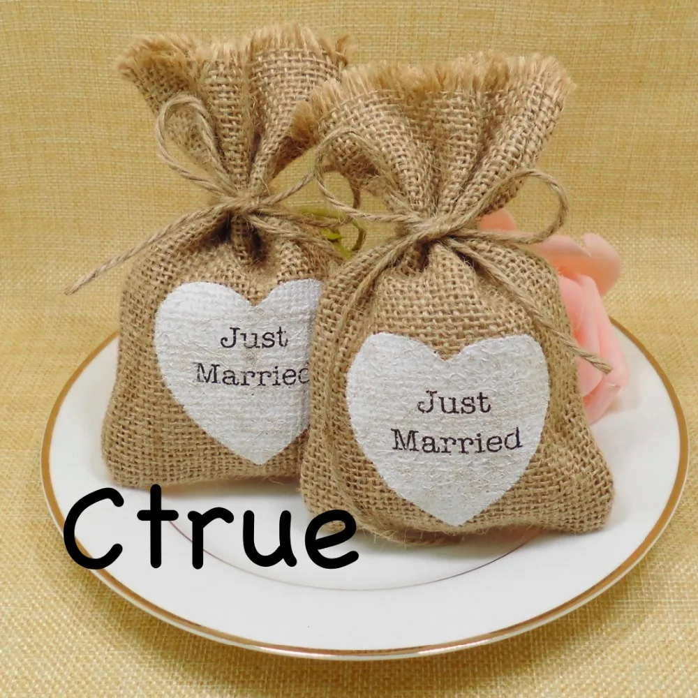 12PC Hessian Burlap Candy Bag Just Married Wedding Party Gift Bags