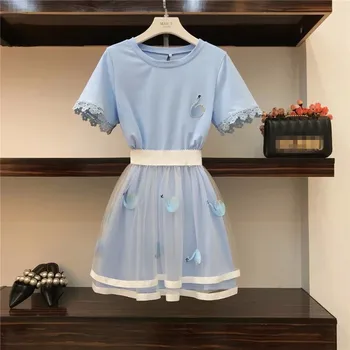 

2019 Summer Women Swan Embroidery Mesh Skirt Sets Lace Short Sleeve Long Tshirt Dress +See Through Mesh Short Skirts 2 Piece set