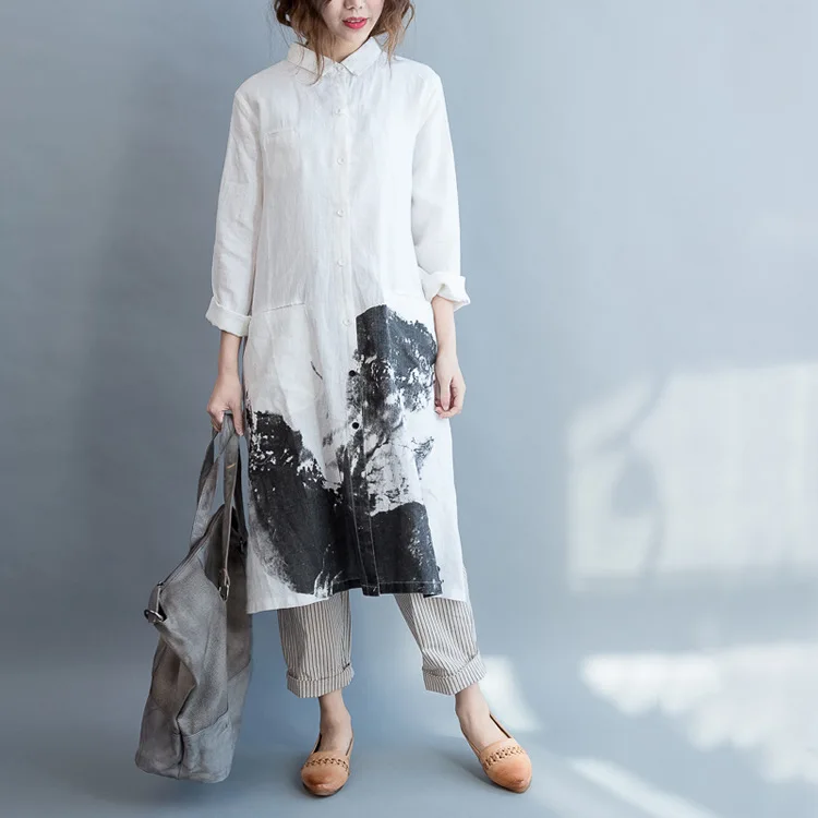 LZJN Vintage Painting Style Summer Long Dress Long Sleeve Shirt Woman Lady Loose Big Size Casual Fashion Button Down Shirt Dress (17)