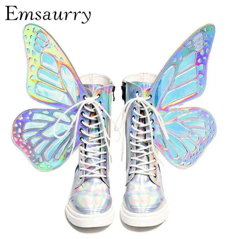 

Flying Butterfly-wing Ankle Boots Women New Spring Colorful Wings Punk Style Cross-tied Martin Boots Fashion Women Booties