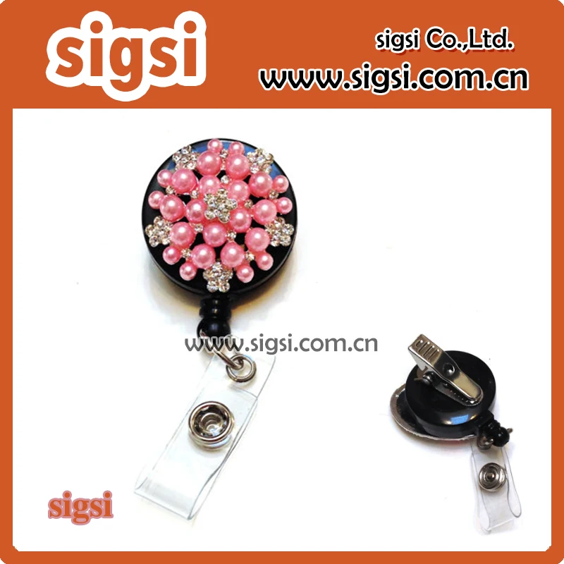 

wedding pink Rhinestone Pearl Badge Reel / Plastic ID Badge Holder reel