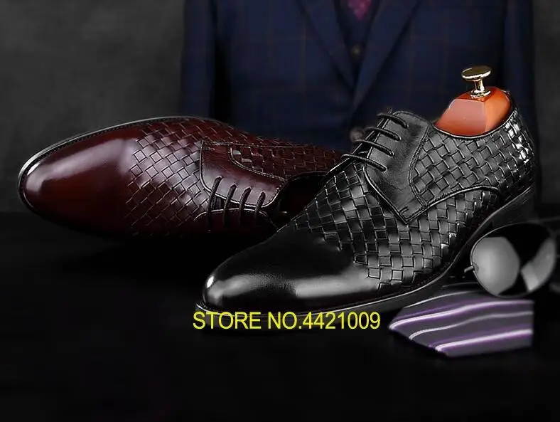 

Handmade dress shoes men genuine leather knitting patchwork plaid smart casual oxfords pointed toes men's wedding derby shoes