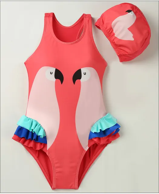 Andzhelika dzieci strój kąpielowy jeden kawałek dziewczyna Bird Print stroje kąpielowe Baby Cup Swim Hat dziecko Sport Body kąpielowy strój dla dziewczyn -
