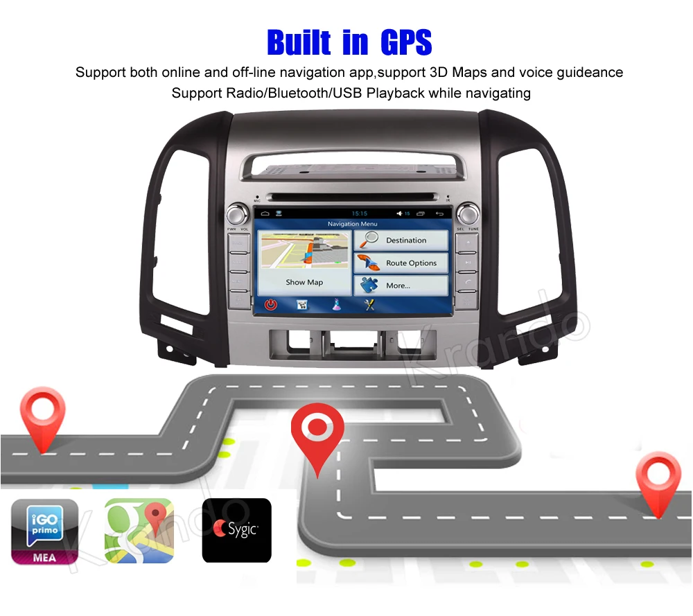 Top Krando Android 9.0 car radio gps 2 din car dvd player for hyundai santa fe 2006-2012 3 Hole car multimedia navigation system 3