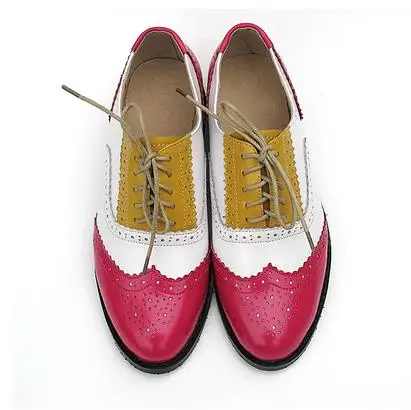 Женские классические ботинки из натуральной кожи на шнуровке с круглым носом в ассортименте 20 цветов - Цвет: Mei red white yellow