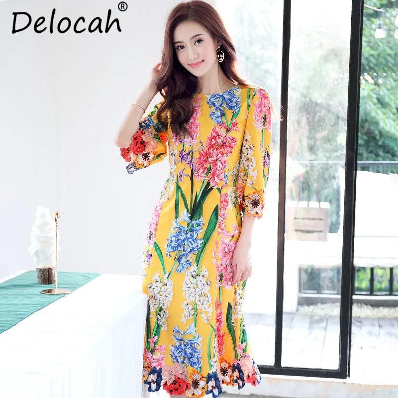 Delocah Autumn Women Dresses Runway Fashion Designer Casual Yellow