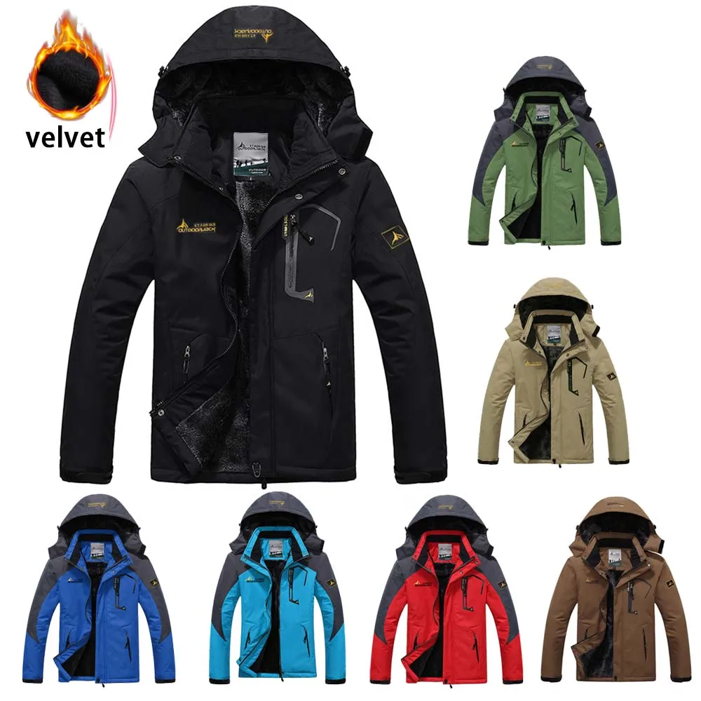 

Outdoor Fishing Clothing Men Autumn Winter Waterproof Warm Velvet Running Fishing Shirt Patchwork Hooded Mountaineering Suits