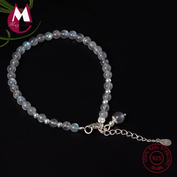 

Natural Moonstone Round Beads Bracelet 100% 925 Sterling Silver Women's Bracelet Bangle Wedding High Quality Fine Jewelry YB25