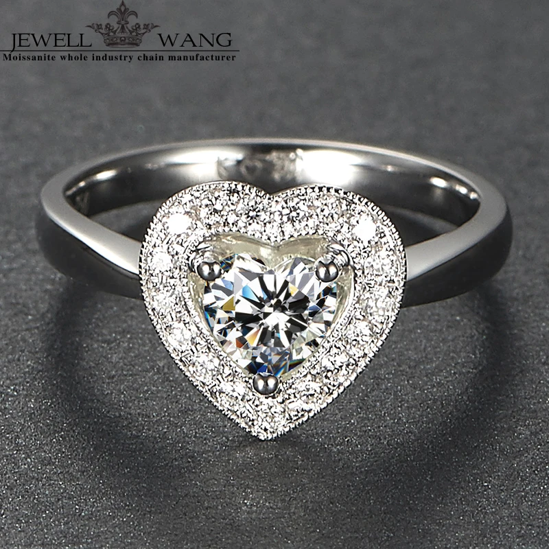 JEWELLWANG Moissanites кольцо Делюкс 0.5ct сертифицированных FG/vvs1 Обручение кольца для Для женщин сердце алмаз сбоку камень