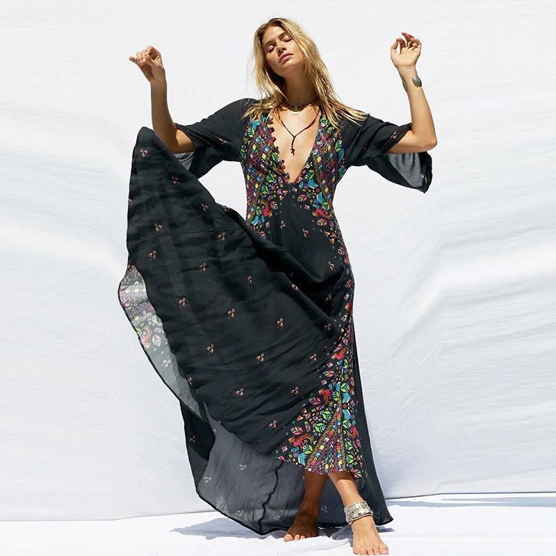 

Bellflower Bohemian Dress Women 2019 Summer Spring V Neck Sexy Long Dress Female Seven Sleeve Irregular Loose Boho Dress