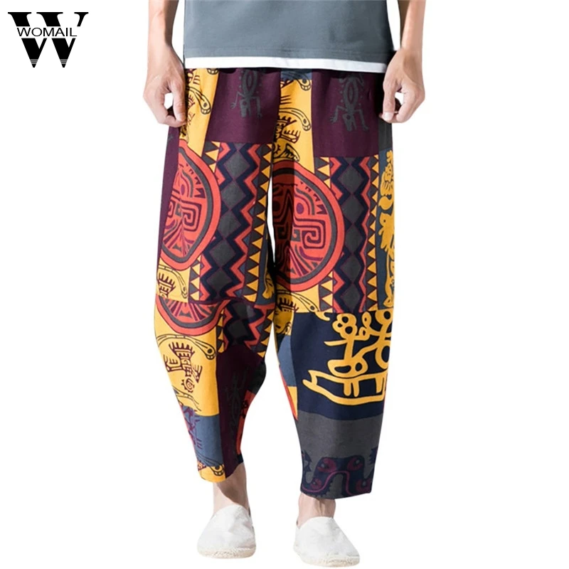 

Womail Retro Pants Men's Casual Trousers Print Pants Cotton Linen Loose Pockets Multicolor Retro Pants For Men Dropship May20