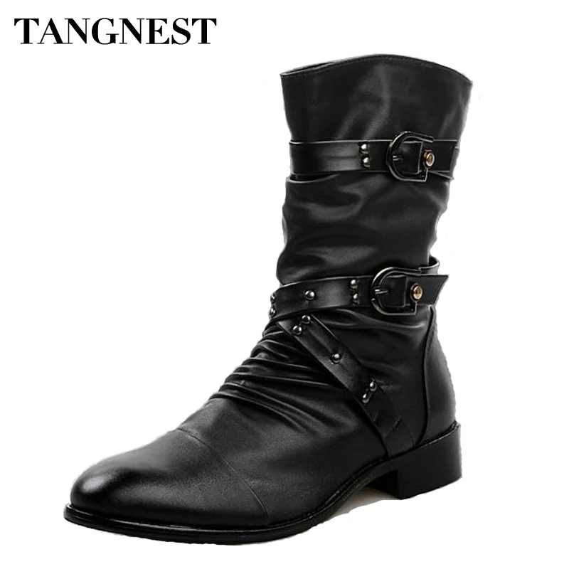 

Tangnest 2017 Men Boots Pu Leather Men Rivet Shoes Mid-Calf Boots Male Low Heels Men Boots Size 37-44 XMX502