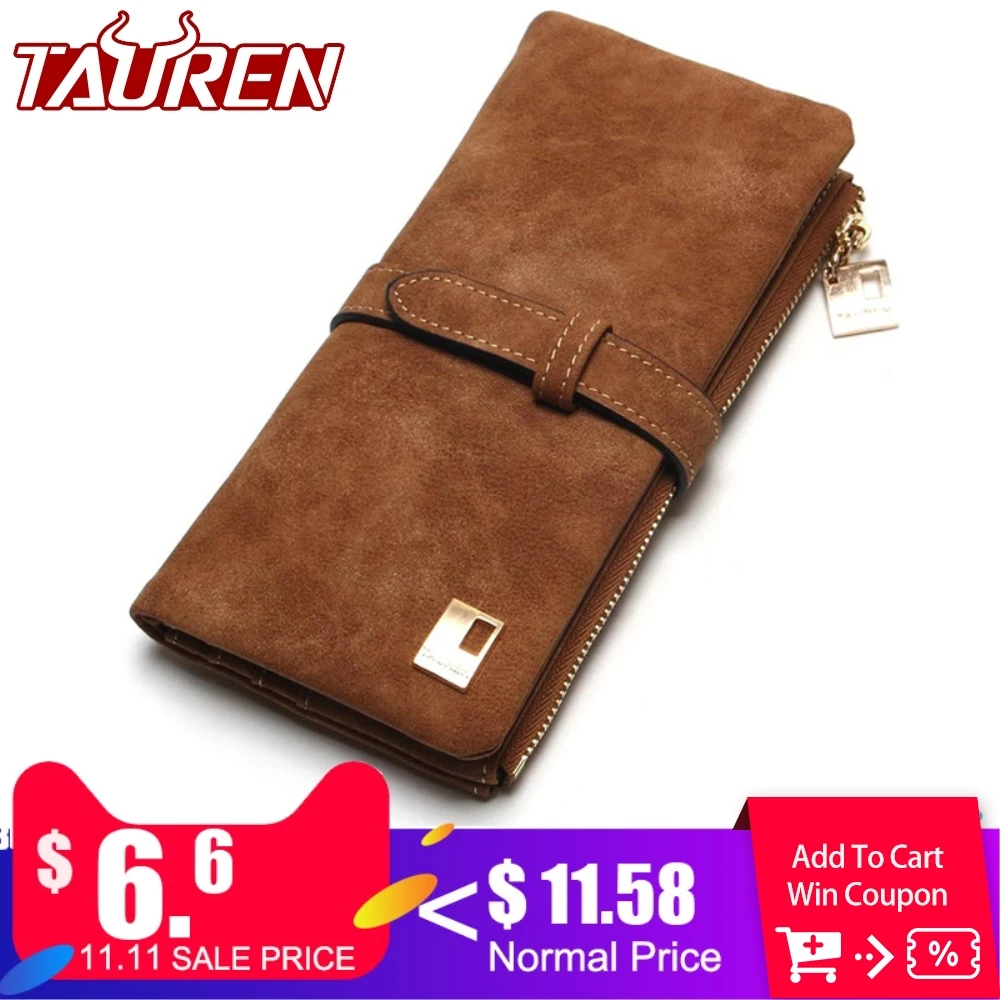 2018 New Fashion Women Wallets Drawstring Nubuck Leather Zipper Wallet Women’s Long Design Purse Two Fold More Color Clutch